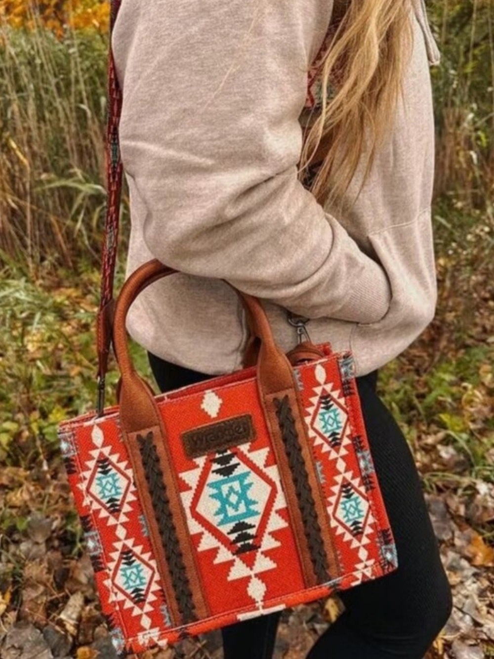 Wrangler Burgendy Brown Aztec Western Crossbody Tote with Turquoise & Cream